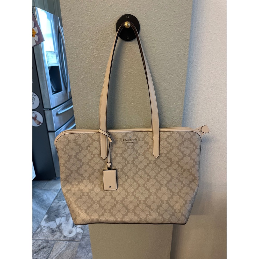 Kate Spade New York Spade Flower jacquard Tote Bag Beige Cream Zip Top Shoulder